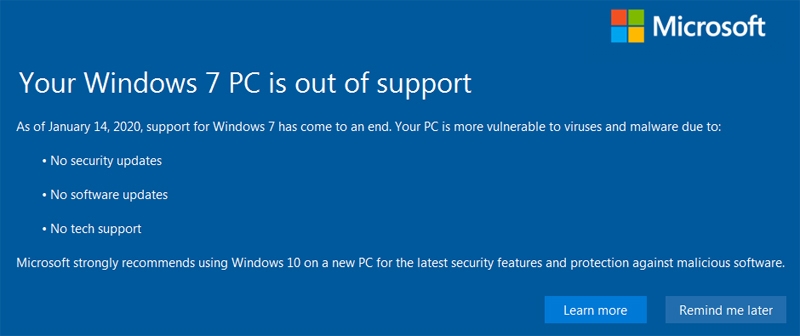 win 7 PC is out of support